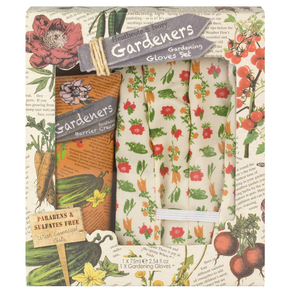 An image of Heathcote & Ivory Gardeners Barrier Cream & Gardening Gloves Set